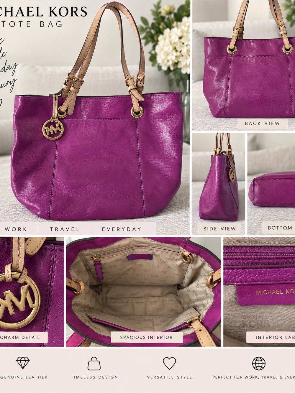 Michael Kors Purple Leather Tote with Tan Handles and Gold-Tone Hardware